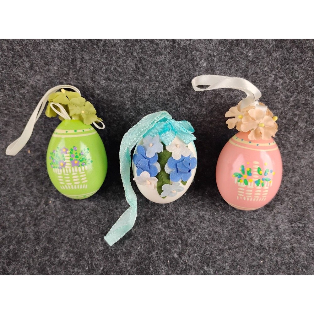 Vintage Hand Painted Flower Basket Egg Ornaments 3 Pc Lot Applied Flowers Easter